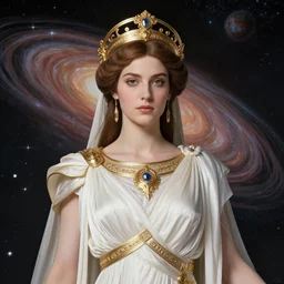 portrait of the powerful empress of the solar system in the style of john william waterhouse and in the style of gil elvgren. glowing, ornate and intricate linework, sharp focus, depth of field, stunning, dynamic lighting, ultrafine and hyperdetailed.
