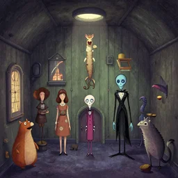 underground house with unusual animals. digital drawing by wes anderson, jean pierre jeunet, tim burton, tomm moore.