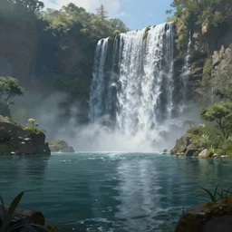 a lake with a waterfall landscape, deep focus, d & d, fantasy, intricate, elegant, highly detailed, digital painting, artstation, concept art, matte, sharp focus, illustration, hearthstone, art by artgerm and greg rutkowski