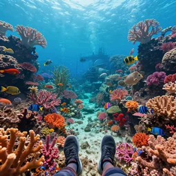 first person perspective digital illustration of a vibrant coral reef with colorful flora and tropical fish by industrial light and magic:1|wide angle panoramic by beeple and Roger Dean, viewed from eye level:0.9|fantasy, cinematic:0.9|Unreal Engine, Octane, finalRender, devfiantArt, artstation, artstation HQ, behance, HD, 16k resolution:0.8