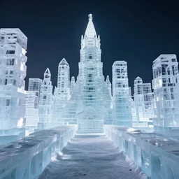 a cityscape made entirely of ice, crystal clear ice city sculpture, first person pov, first person perspective, realistic fantasy photography, mystical