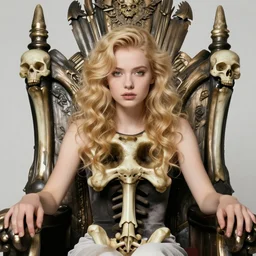 editorial photo of girl on bones throne, glo - fi, blonde, curly hair, clean big eyes, symmetrical beautiful face, clean skin, jewelry, native costume and accessories, victorian era, angelic, fashion editorial photography, hyperrealistic, from vogue magazine, ultra realistic, artgerm, reflections, gold intricate, 1 5 0 mm lens, icm, vintage