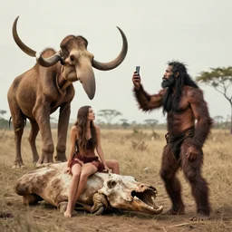 “color photo of a Neanderthal undressed man taking an iPhone photo of his wife on a dead mammoth National Geographic , anthropology photo”