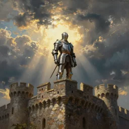 Templar knight standing on top of a castle wall, Thunderclouds in the sky, sun shining through clouds, crepuscular rays, painting by krenz cushart, wlop