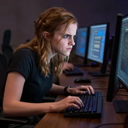 ungroomed and angry Emma Watson on her computer playing World of Warcraft
