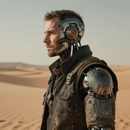 a rugged technician man with cybernetic enhancements lost in the desert, scifi character portrait by greg rutkowski, esuthio, craig mullins, 1 / 4 headshot, cinematic lighting, dystopian scifi gear, gloomy, profile picture, mechanical, half robot, implants, steampunk