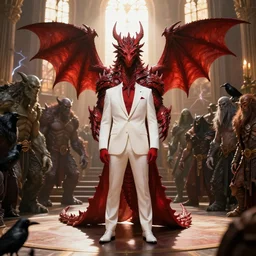 an elegant humanoid dragon slayer in a white suit standing in the court of the crimson king, surrounded by a crowed of monsters like orcs trolls elf's dwarfs and more, sunlight through windows, natural lightning, photography, hyperrealistic, focused, cinematic, warm colors