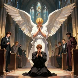 angel protecting man who is praying inside a gothic church by Stanley Artgerm Lau, WLOP, Rossdraws, James Jean, Andrei Riabovitchev, Marc Simonetti, Yoshitaka Amano, ArtStation, CGSociety