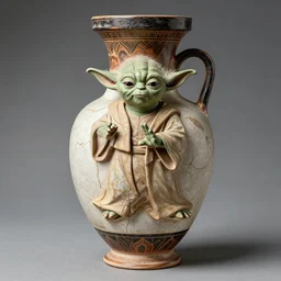vasework vaseart of yoda practing karate in a vase, medieval art, fragmented clay firing greek vase of yoda