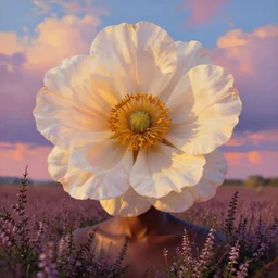 closeup, large flower as a head, african woman in heather field, surreal photography, golden hour, colorful clouds, impressionist painting, digital painting, artstation, simon stalenhag