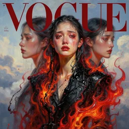 3 d, crying fashion model, flame, liquid black and red water, morning, vogue cover style, poster art, high detail, intricate oil painting, multiple exposure, heaven mood, hyperrealism, 3 d, by tooth wu and wlop and beeple and greg rutkowski