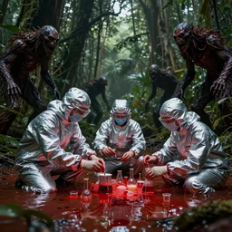 scientists in a silver suit collecting samples in the jungle, the ground is flooded with red blood, monsters lurking in the shadows, award winning photograph, sci - fi, horror, creepy, highly detailed