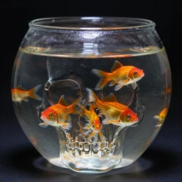 realistic photo of a glass skull bowl filled with water with fish swimming in it, highly detailed,