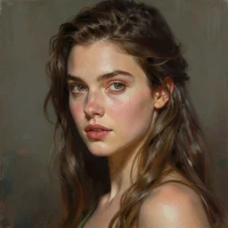 Portrait of Alexandra Daddario, fantasy, high detail, elegant, digital painting, natural light, vibrant, intricate, textured skin, highly detailed, artstation, sharp, focus, illustration, by Anna Dittmann, Ilya Kuvshinov, Nikolay Makovsky