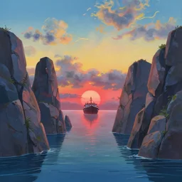 a ship on the water among high rocks is heading towards the horizon beautiful clouds and the red sun in the background ule of thirds golden ratio, fake detail, trending pixiv fanbox, acrylic palette knife, style of makoto shinkai studio ghibli genshin impact james gilleard greg rutkowski chiho aoshima
