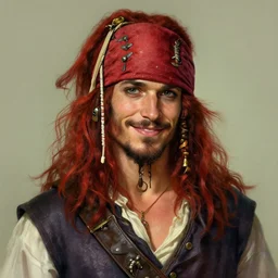 portrait of a young ruggedly handsome but joyful pirate, male, masculine, upper body, red hair, long hair, d & d, fantasy, soft smirk, intricate, elegant, highly detailed, digital painting, artstation, concept art, matte, sharp focus, illustration, art by artgerm and greg rutkowski and alphonse mucha