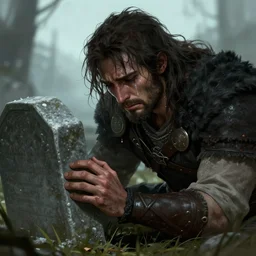 a depressed warrior cries at his beloved's tomb, badass, rugged, tears, messy hair, beard, sadness, fantasy, extremely detailed, smooth, sharp focus, digital illustration, by rossdraws, franzzeta, artgerm