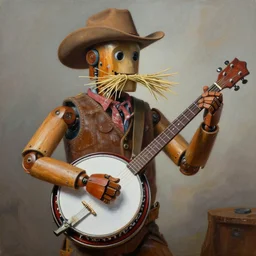 painting of a country bumpkin robot playing a banjo, straw in his mouth, style of peter mohrbacher, high detail, hyper realistic, 8 k