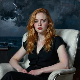 Elle Fanning sitting on a white leather chair in the world of Adam Wyeth, head and shoulders portrait, stormy weather, extremely detailed masterpiece, oil on canvas, low-key neon lighting, artstation, Blade Runner 2049, Roger Deakin’s cinematography, by J. C. Leyendecker and Peter Paul Rubens and Edward Hopper and Michael Sowa,