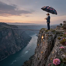 masterpiece, giant, precipice, summit, bridge, river, trajectory, dusk, bridge, incline, tears, dog in suit holding umbrella, time, floral, surreal, fantasy, by andreas franke and santiago calatrava, rhads, digital art, highly detailed, artstation, 8 k hdr