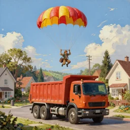 classic oil painting, a dump truck sky diving with a parachute, as a dnd character, on a sunny populated suburban street, cottagecore, highly detailed, digital illustration, concept art, smooth, sharp focus, art by greg hildebrandt, and tim hildebrandt