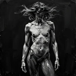 black background, a thin, athletic physique man's body made of thick flowing dramatic bright brush strokes, no face, strong wind, matte colors, impressionist, extreme motion, trending on artstation