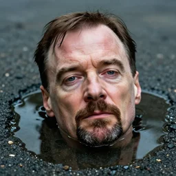 walter white's!! face on a as a puddle of water!!! on a street, close up 8 k photograph