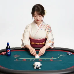 woman in a japanese kimono sitting at an extremely detailed poker table with the startrooper, sake, pepsi, on the table, fireworks and stars on the background, by andy warhol, by roy liechtestein, canvas, acrylic paint, cool color palette, 4 k, ultra - hd