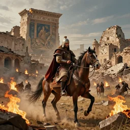 nomadic early medieval hunnic khan on horseback surrounded by fires and rubble of roman buildings and mostly destroyed roman buildings, volumetric lighting, beautiful scenery, hd, hdr, cinematic 4k wallpaper, 8k, ultra detailed, high resolution, artstation, early medieval, mural