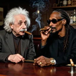 photograph of Albert Einstein and Snoop dog smoking cigars chilling in a bar discussing physics, color photograph, 4k, HDR