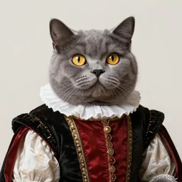 cute jolly fat gray cat with yellow eyes wearing tudor period menswear, 1 6 th century royal portrait, greg rutkowski