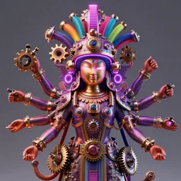awardwinning photo of a steampunk avalokiteshvara with 8 arms, wearing a glowing purple and golden metallic aztec helmet with multicolored tubes and shiny metallic gears, 3 d render, crisp, 8 k, fluorescent colors, nikon photography