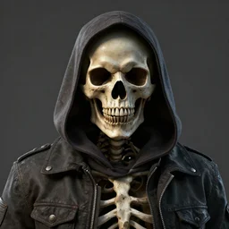 a skeleton with a scary serious skull in the eyes wearing a jacket with capuchin, face portrait, portait image, hyperrealistic, concept art, octane render, unreal engine 5, trending on artstation, greg rutkowski, high quality, highly detailed, dramatic lighting, cinematic, high coherence, anatomically correct, path traced, badass, epic image