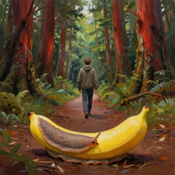 a stunning wpa style painting of a man walking down a mysterious path in a redwood forest, award winning art, banana slug