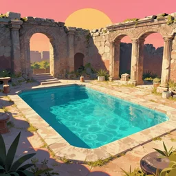 a pool in a ancient ruins,retrowave art,trending on art station