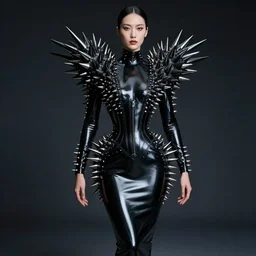 award winning high fashion latex dress with huge spikes, blade runner 2 0 4 9 style, high - end photoshoot, rembrandt lighting