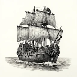 pirate ship on a deserted island, realism tattoo drawing, hyper realistic, shaded