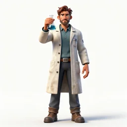 rugged scientist in lab coat with flask, detailed 3d character render, full body, standing, isolated on a pure white background, centered, whole figure in frame, sharp focus, studio lighting