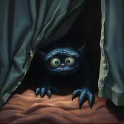 under the bed a big monster hides, cute, furry, big eyes, dark, dramatic lighting, pixar bedroom scene, cinematic, highly detailed, realistic oil painting by tim hildebrandt and greg rutkowski and frank frazetta