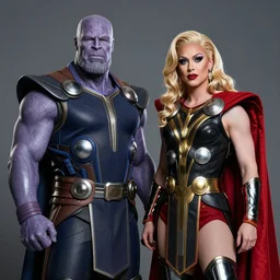 thanos and thor as drag queens, photorealistic, cinematic, studio lighting