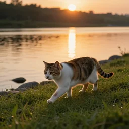 a singular cat walking on the grass near a river and some little rocks at sunset, cute, godrays, complementary colors, calm, relaxing, beautiful landscape, highly detailed, high quality, 4k HDR, natural lighting, close view, path tracing, precise reflection on the water, orange palette, anatomically correct, hyperrealistic