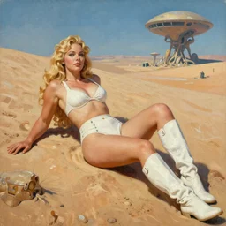 A mixed media portrait painting of a beautiful blonde woman relaxing on a desert alien planet, soldier, very curvy, aesthetic! white high-waisted bikini-armor and boots, aesthetic symmetrical face and eyes, Scandinavian, by Boris Vallejo, Beeple, Frank Frazetta, Greg Rutkowski, Christian MacNevin, Alphonse Mucha, epic fantasy character art, high fantasy, CGsociety, 60's Sci-fi Pinup style, exquisite detail, post-processing, masterpiece, cinematic
