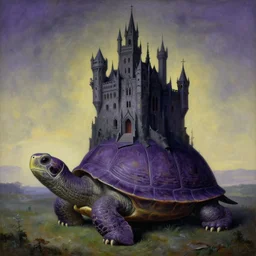 the eternal gothic castle of broken dreams, on top of a giant indigo turtle, by magritte, dali, breton, masterpiece, symbolism, surrealism, landscape, oil on canvas, 8 k