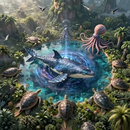 Mysterious Island at the center of the Universe, Great Leviathan terrapins, Cephalopod, hybrid Cthulhu Squid, magical sparkling lake, Rainforest, birds eye, vista view, Majestic interstellar portal fortress gateway, Huge futuristic Temple city, Solar Flare, William-Adolphe Bouguereau, Michael Cheval, peter mohrbacher, michael whelan, kay sage, digital art, airbrush, art nouveau, intricate, clear, looming, epic, depth, artstation, Ultra Detail, blender, Unreal Engine, octane render, vray, 8k