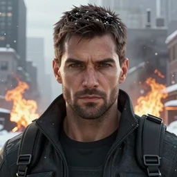 close-up portrait of an agent from (Tom Clancy's The Division), (snowy new york in background), fires in background, high detail, digital art, matte painting, trending on artstation, by Tom Garden, by Marek Okon, by Abrar Khan