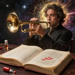cosmic horror, hd, music, human, trumpet, musician, biological indicators, cthulhu ( fictional divinity created by h. p. lovecraft ), elegant, drugs, history book, written in red