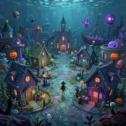 screenshot for a cartoon that takes place on a horror based suburban underwater amusement park that incorporates darker halloween and ocean elements in its design imagery and features wacky housing, halloween decorations, atlantis, shipwrecks, spooky, amusement park attractions, deep sea, horror themed, fun, in the style of tim burton