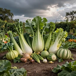storybook scene garden with comically large vegetables