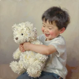 a kid squeezing a plushy happily, oil painting