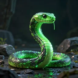 an illustration of a green and black neon mechanical snake, octane render, 3D
